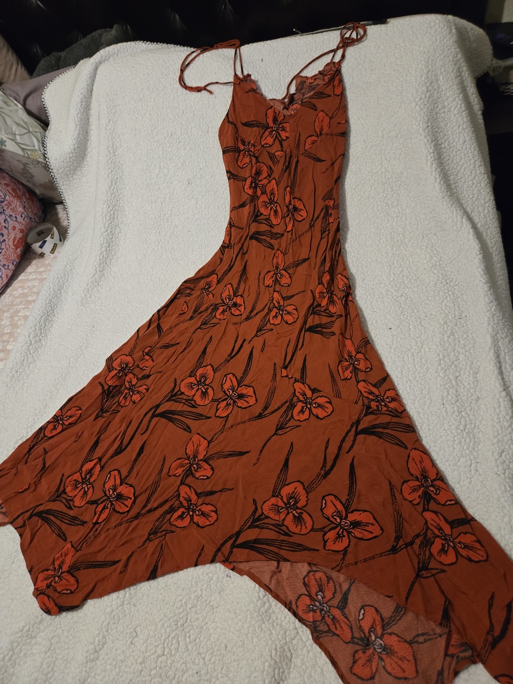 Anthropologie Rust Orange Floral Asymmetrical Slip Dress